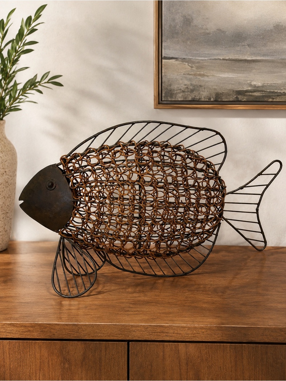 Vintage Brown and Black Woven Metal Fish Sculpture
